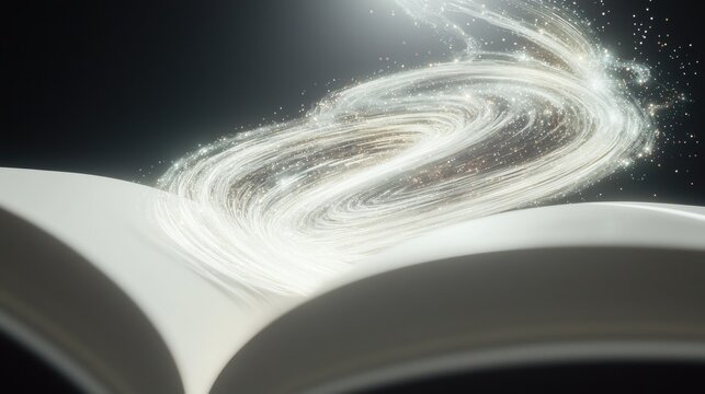 Magical book opening unleashes streams of glowing light fantasy environment close-up viewpoint whimsical concept
