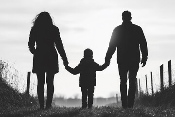 Silhouette of Family Walking Away, Holding Hands