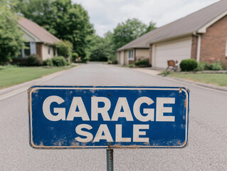 Fototapeta premium Weathered Blue Garage Sale Sign on Residential Street