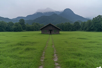 Obraz premium Wooden House in Grassy Field with Mountain Background