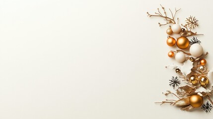 Festive Vertical Christmas Tree Cutout with Golden Baubles and Snowflakes on Neutral Background