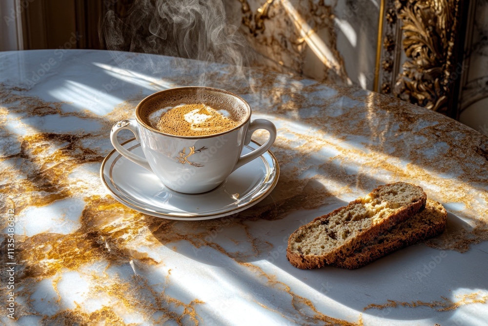 Poster steaming coffee with bread on marble table under sunlight.