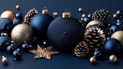 Fototapeta premium Elegant Christmas Decorations: Ornaments & Snowflake on Blue Background for Festive & Sophisticated Holiday Atmosphere