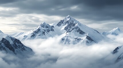 Majestic snow capped mountains piercing through clouds. Concept of grandeur, nature, and wilderness.
