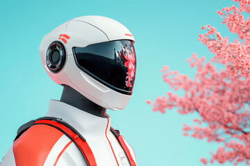 Fototapeta premium futuristic robot with sleek design stands against pastel blue sky, surrounded by pink cherry blossoms, evoking serene and vibrant atmosphere