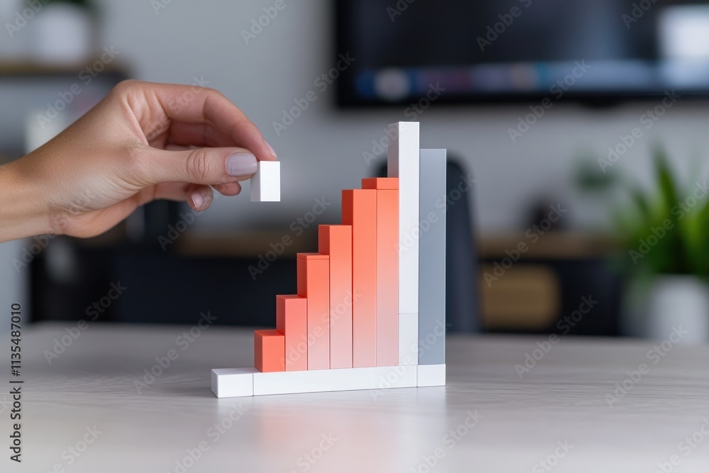 Fototapete Hand adding block to growing graph on desk.