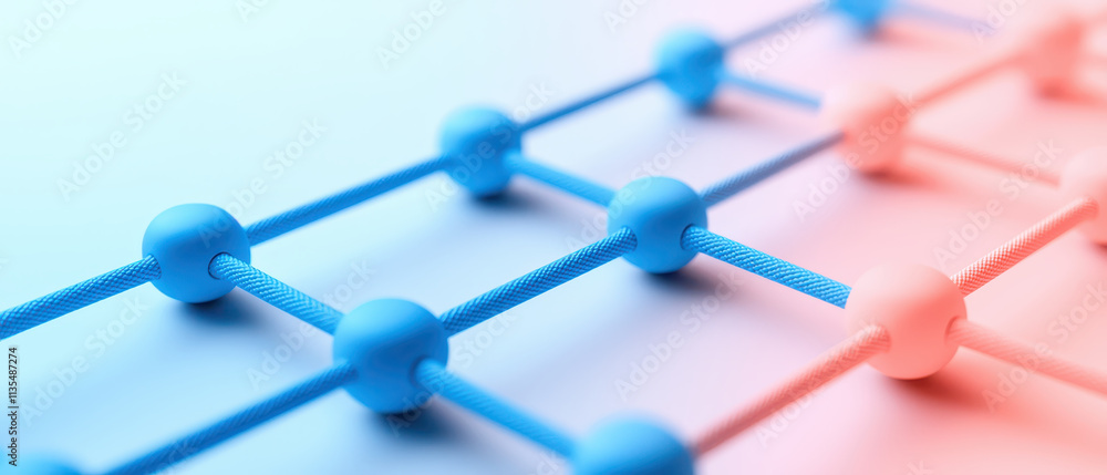 Poster 3d geometric structure with blue and pink nodes and connections, creating modern visual effect