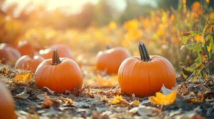 Autumn pumpkins in a fall field. Concept of harvest, Thanksgiving, and autumn.