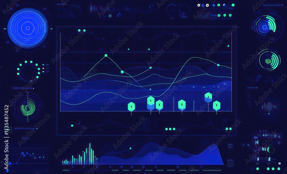 Poster Futuristic interface with data graphs and charts.