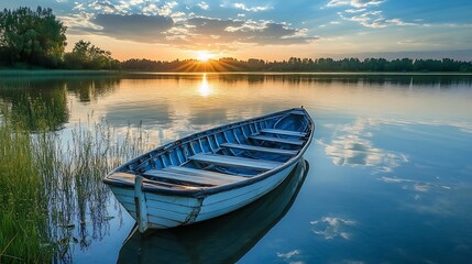 Obraz premium Peaceful Lakeside Sunset with Rowboat. Tranquil Nature Scene.