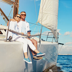 Sea, thinking and happy couple on yacht for travel, vacation or holiday with love or adventure in...
