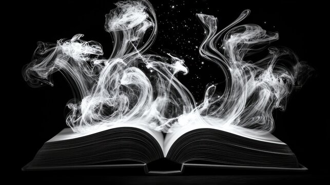 Book opening releasing glowing streams of creativity dark background digital art surreal environment close-up view imaginative concept