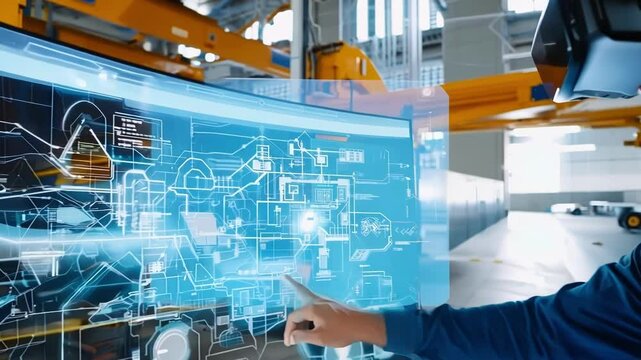 Industrial engineer wearing a vr headset is interacting with a digital twin interface. The interface displays a 3d model of a factory with real time data