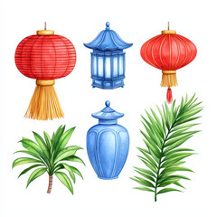Fototapeta premium Colorful lanterns, plants, and decorative items create vibrant scene