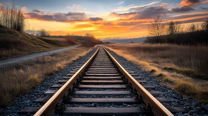 Sunset over Railroad Tracks. Concept of Journey, Destination, and Hope.