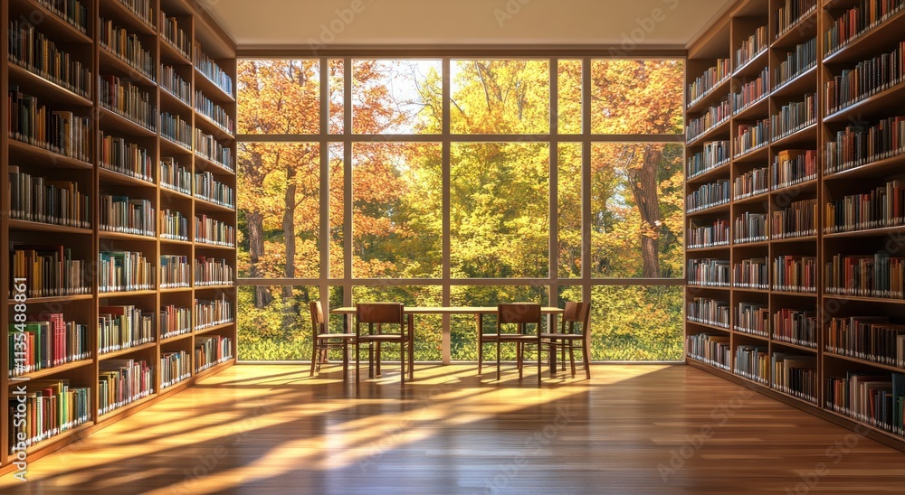 Poster Library with fall leaves visible through window.