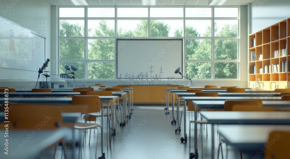 Poster empty classroom with desks and whiteboard facing big bright window.