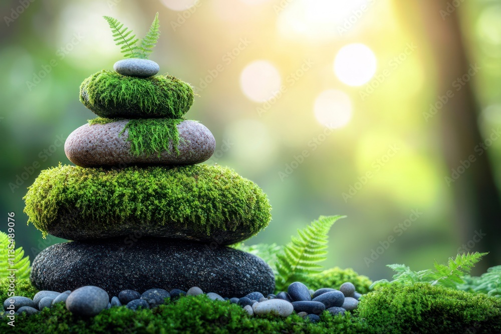 Aufkleber stacked mossy rocks and fern with bokeh lights.