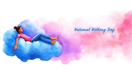 A serene woman relaxing on a fluffy cloud against a pastel sky, symbolizing peace and simplicity for National Nothing Day.