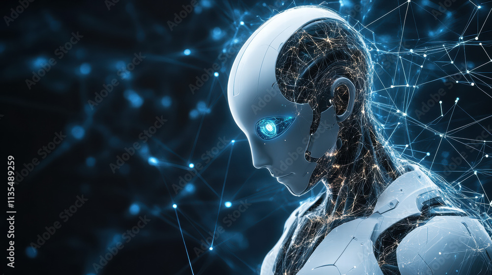 Poster a futuristic robot head with glowing eyes and circuitry on the side, looking to its right in profile