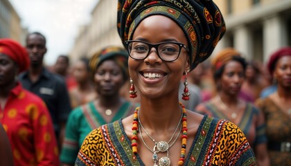 Smiling woman in traditional African clothing participates in Black Awareness Day march. Diverse crowd in colorful clothing demonstrates for equality, social change. People walk together celebrating