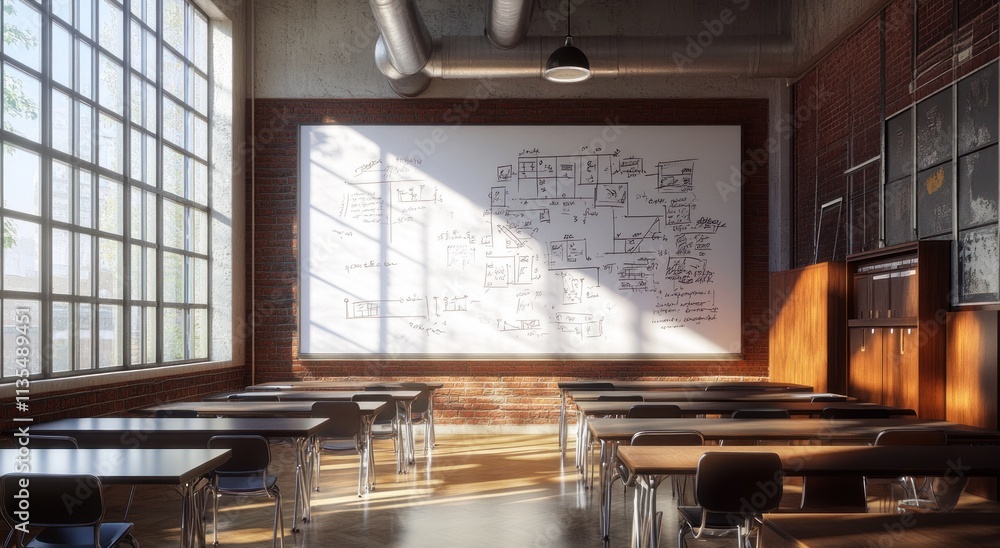 Poster empty classroom with diagram on whiteboard.