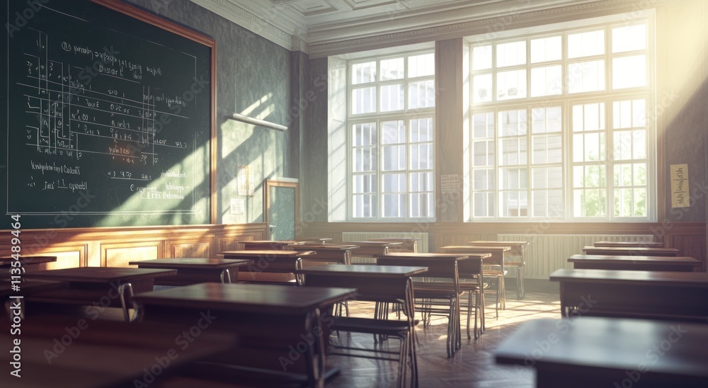 Aufkleber empty classroom with sunlit windows and chalkboard.