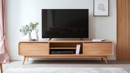 Modern light wood TV stand with sleek design in living room.