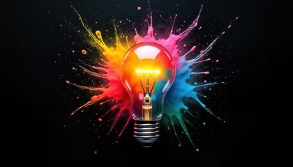 Vibrant light bulb bursts with colorful paint splashes. Innovation concept. Unique ideas explode with energy. Modern creative design. Powerful visual symbol. Bright colorful explosion. Abstract art