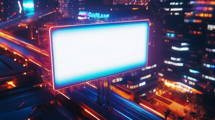 Obraz premium Futuristic blank billboard on a busy urban rooftop surrounded by neon lights high-tech outdoor aesthetic with bold advertising potential dynamic and vibrant