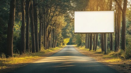 Blank billboard on a quiet country road lined with towering trees outdoor visual merging rural charm with clear advertising potential serene and impactful