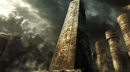 An ancient obelisk adorned with intricate carvings, showcasing rich historical symbolism and architectural beauty. Obelisk. Illustration