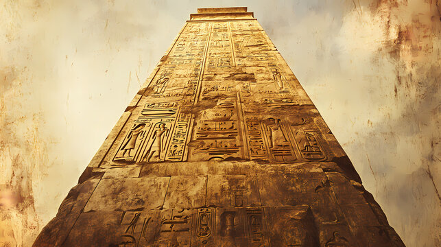 An ancient obelisk adorned with intricate carvings, showcasing rich historical symbolism and architectural beauty. Obelisk. Illustration