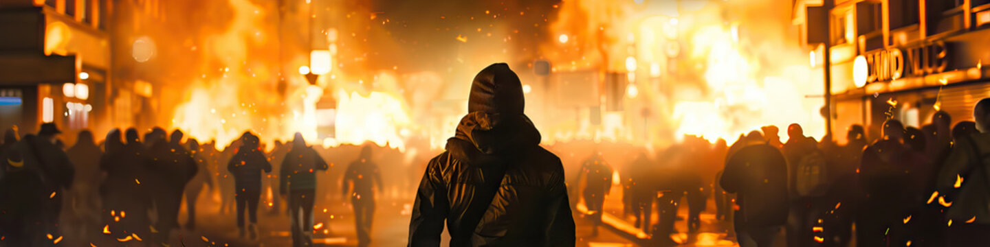 Hooded Figure Amidst Urban Fire and Crowd