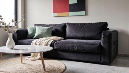 Generative AI, Modern close-up of a velvet sofa with geometric art and minimalist decor