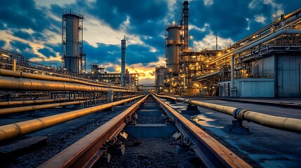 Fototapeta premium Industrial Oil Refinery at Sunset. Concept of Energy, Industry, and Manufacturing.