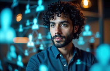 Obraz premium Pro man updates modern profile on transparent touchscreen. Holographic skills badges, network connections orbit around. Portrait shows confident professional. Modern tech profile update. Future