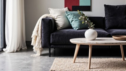 Generative AI, Modern close-up of a velvet sofa with geometric art and minimalist decor
