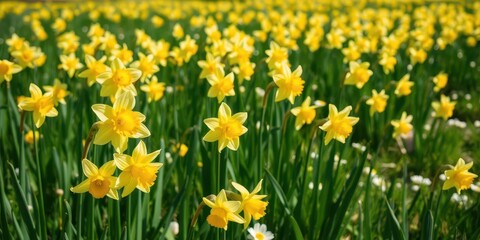 Bright yellow daffodil flowers spread out across a vast field, creating a stunning display of natural beauty, blooming, field