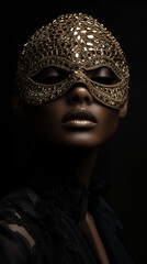 Portrait of Woman Wearing Ornate Gold Mask
