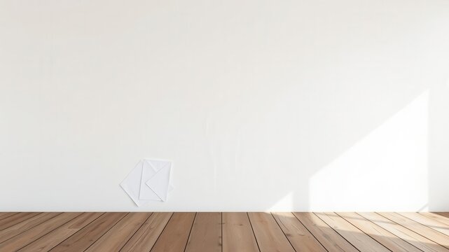 Canvas template placed on a rustic wooden table in a minimalist white room, ideal for mockup designs or artistic presentations, rustic, wood table