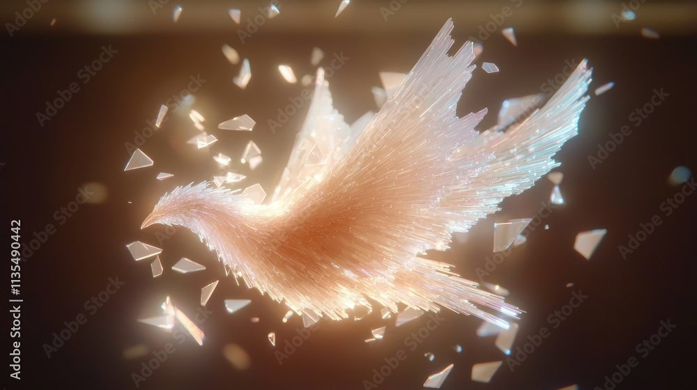 Poster floating shards of prismatic light surrounding a bird in motion abstract art digital environment cre