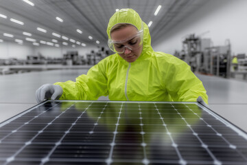 Worker Inspecting Solar Panel in Factory Setting