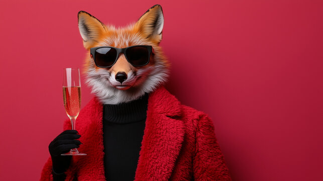 Anthropomorphic Fox in Red Coat with Champagne Flute