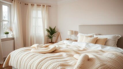 Cream colored woolen blanket draped on king size bed in bright bedroom, woolen, cream