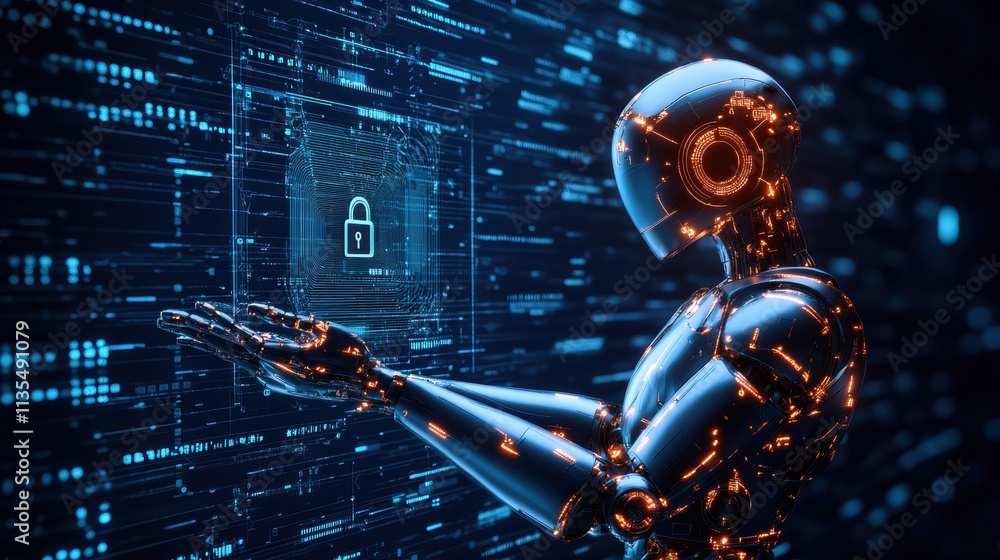 Poster a robot is holding in its hand and touching a digital holographic padlock with a blue circuit board 