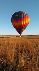 Obraz premium A vibrant hot air balloon floats above a golden field under a clear blue sky.