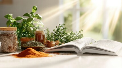 Flat lay cooking ingredients and herbs bright kitchen food natural light culinary inspiration