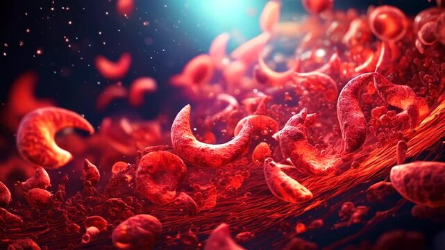 3D Animation of Microscopic View of Sickle Cells in Bloodstream - Medical illustration Footage. 4K