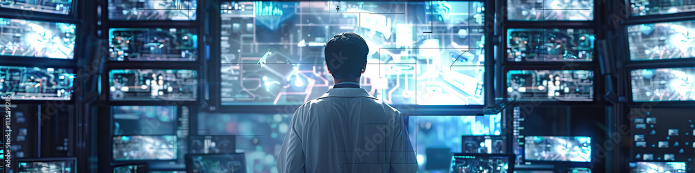 Poster person in lab coat observing data on multiple screens